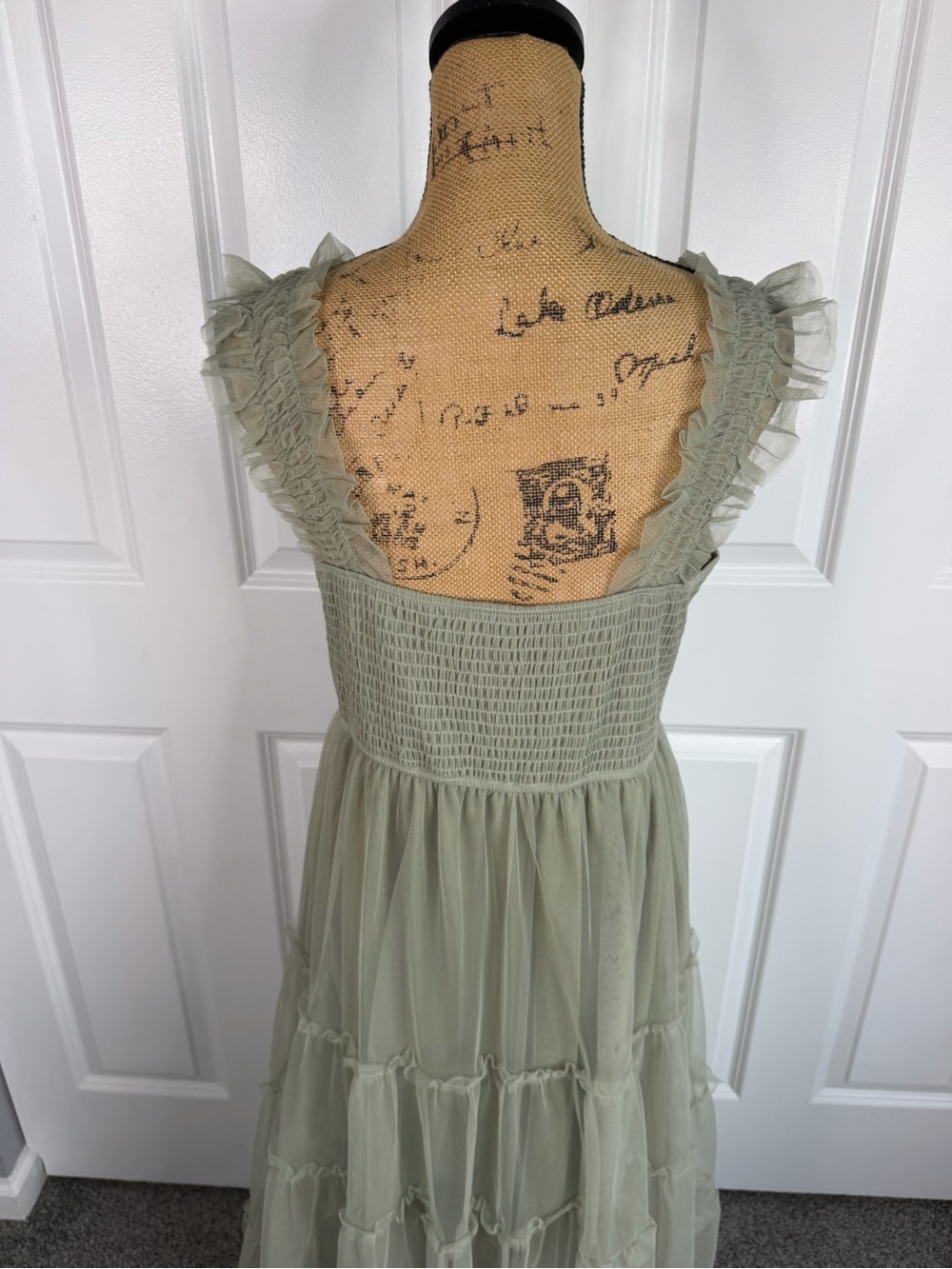 PrettyGarden Sage Green Smocked Tiered Maxi Dress Size L Ruffle Strap NWOT - Picture 6 of 11